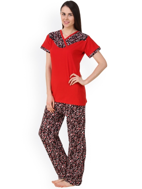 

Fasense Women Red & Black Printed Night suit