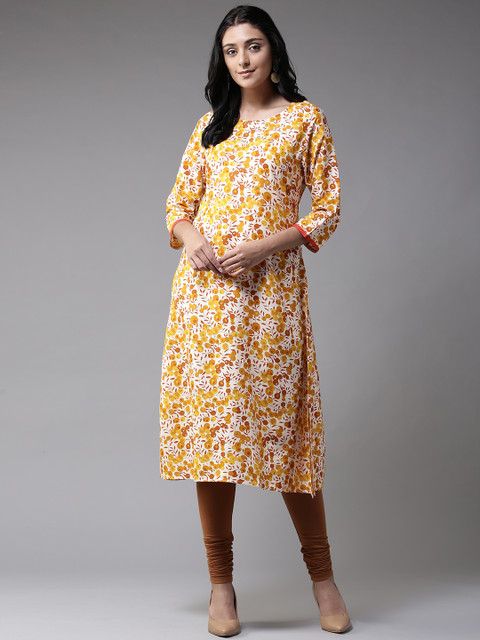 

Moda Rapido Women Mustard Yellow & White Floral Print A-Line Kurta