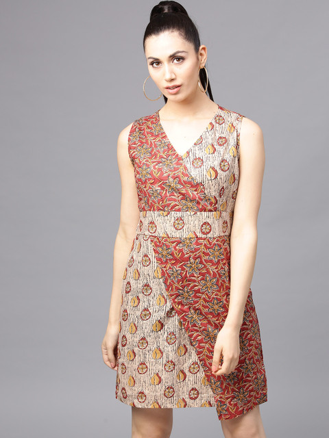 

AKS Women Beige & Red Printed Empire-Line Dress