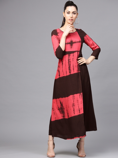 

AKS Women Coffee Brown & Coral Pink Dyed A-Line Dress