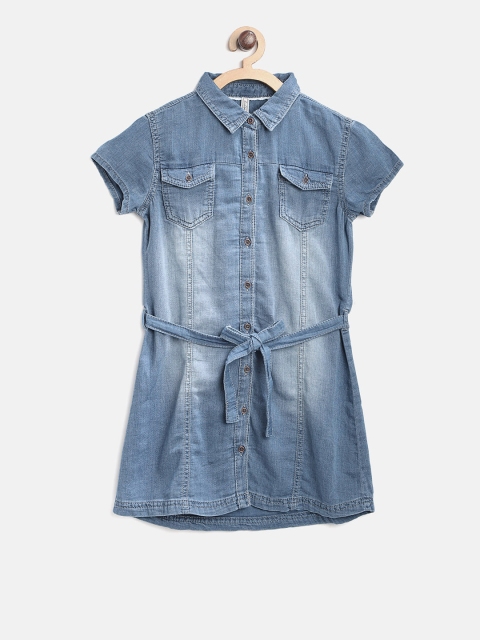 

Lee Cooper Girls Blue Solid Washed Denim Shirt Dress