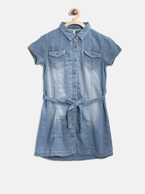 

Lee Cooper Girls Blue Solid Washed Denim Shirt Dress