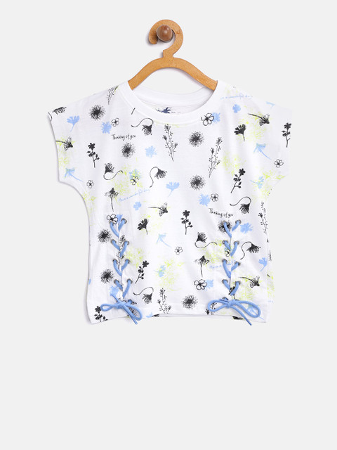 

Lee Cooper Girls White & Black Printed Pure Cotton Top with Lace-Up Detail