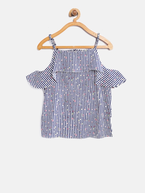 

Tiny Girl Girls Navy & White Striped Cold-Shoulder Pure Cotton Top, Navy blue