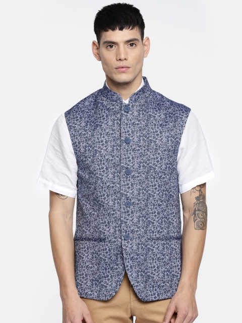 

ColorPlus Blue Printed Single Breasted Custom Fit Pure Cotton Nehru Jacket