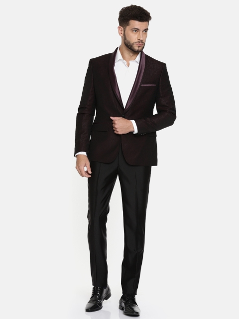 

Parx Maroon & Black Printed Urban Fit Tuxedo Suit