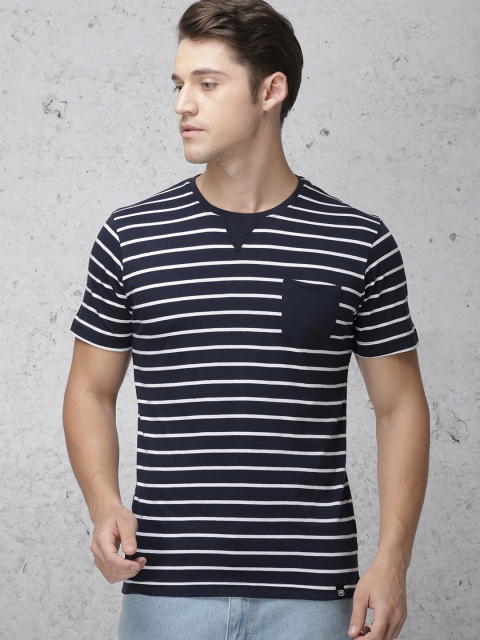 

Ecko Unltd Men Navy & White Slim Fit Striped Round Neck T-shirt, Navy blue