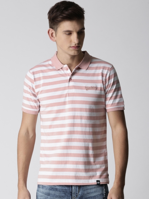 

Ecko Unltd Men Pink & White Striped Polo Collar Slim Fit T-shirt