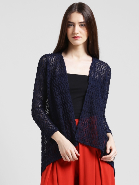 

Zink London Navy Blue Self Design Open Front Shrug