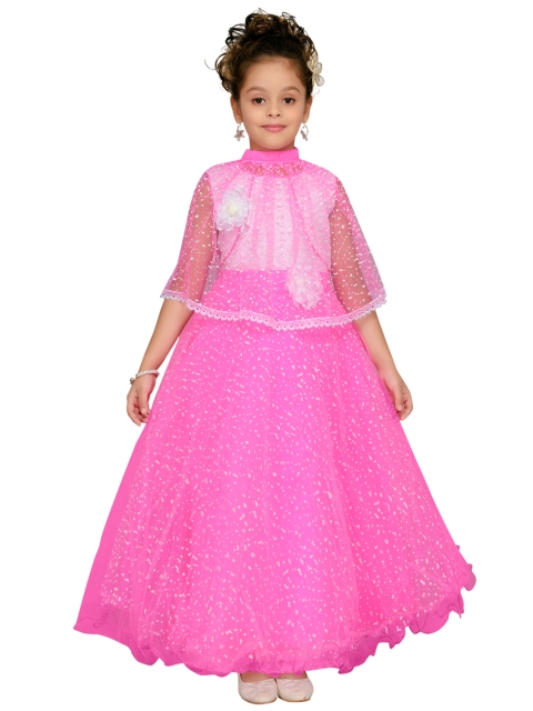 

Aarika Girls Pink & Off-White Printed Maxi Fit and Flare Dress with Cape