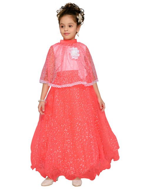 

Aarika Girls Coral Pink & Off-White Printed Maxi Fit and Flare Dress with Cape