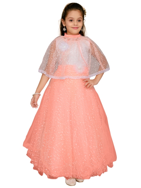 

Aarika Girls Peach-Coloured & Off-White Printed Maxi Fit and Flare Dress with Cape