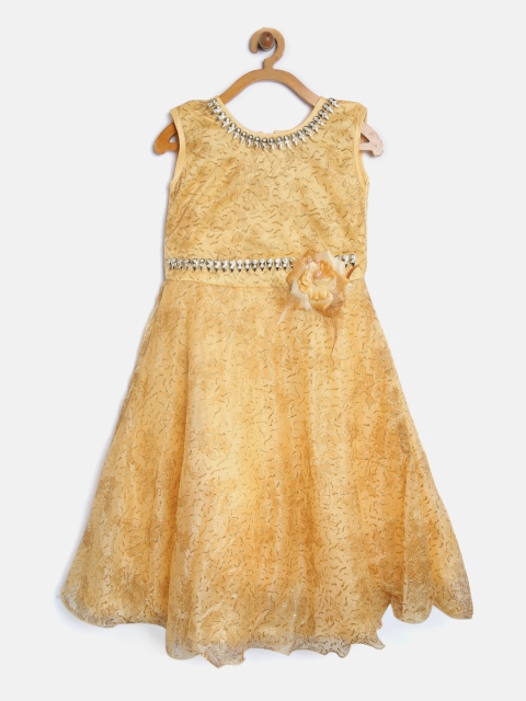 

Aarika Girls Cream-Coloured & Gold-Toned Printed Maxi Dress with Shimmer Detail