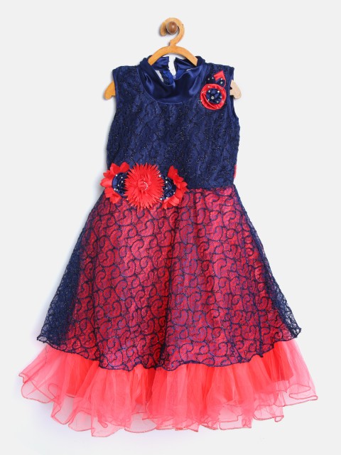 

Aarika Girls Navy Blue & Coral Pink Lace Layered Maxi Fit and Flare Dress