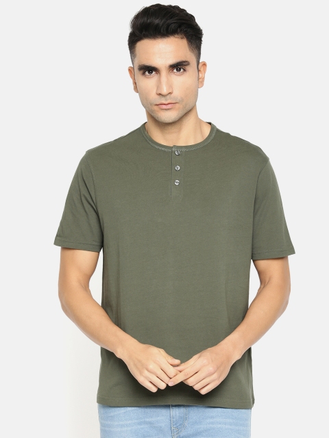 

Marks & Spencer Men Olive Green Solid Henley Neck T-shirt