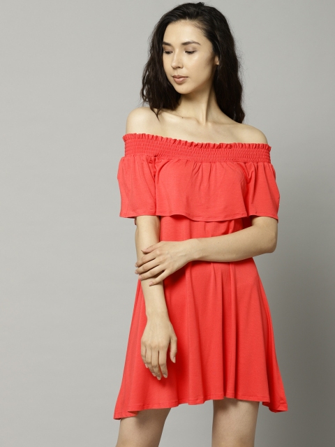 

Marks & Spencer Women Coral Orange Solid A-Line Dress with Smocked Detail