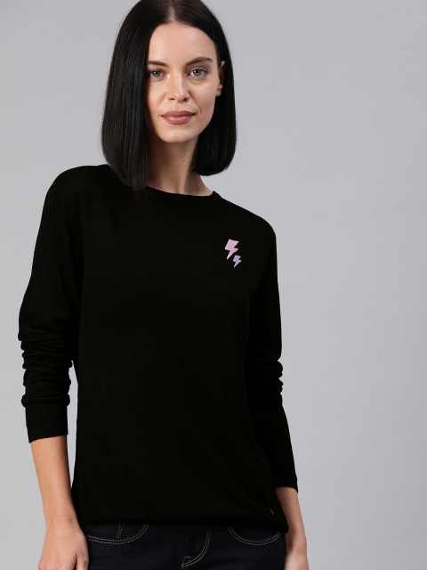

Pepe Jeans Women Black Solid Round Neck T-shirt with Embroidered Detail
