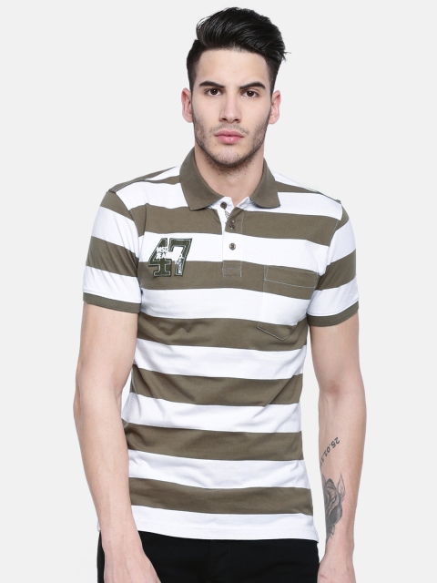 

Oxemberg Men White & Olive Green Striped Polo Collar T-shirt