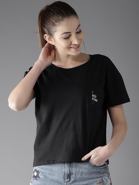 

Moda Rapido Women Black Solid Round Neck Pure Cotton T-shirt