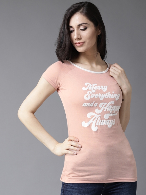 

Moda Rapido Women Peach-Coloured Printed Round Neck T-shirt