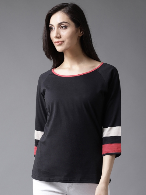 

Moda Rapido Women Black Solid Boat Neck T-shirt