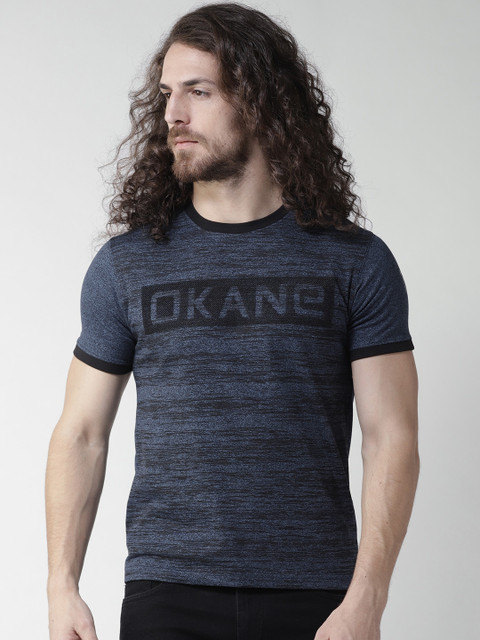 

Okane Men Blue Printed Round Neck T-shirt
