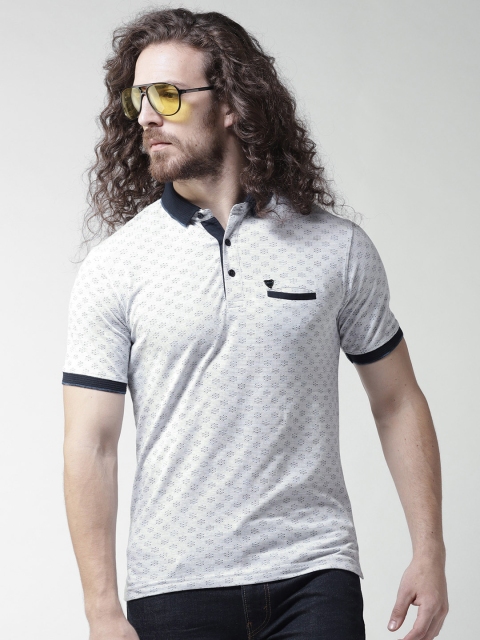 

Okane Men White Self Design Polo Collar T-shirt