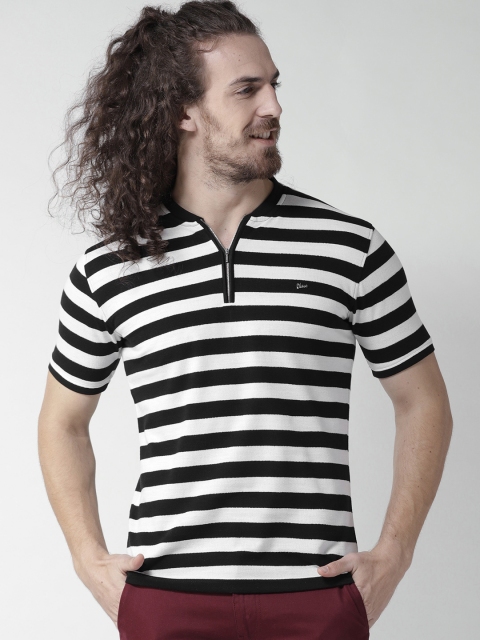 

Okane Men Black & White Striped Stand Collar T-shirt