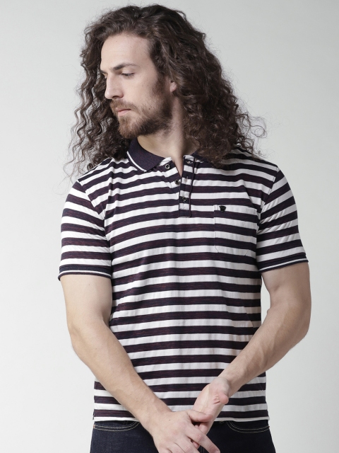 

Okane Men Burgundy & Off-White Striped Polo Collar T-shirt
