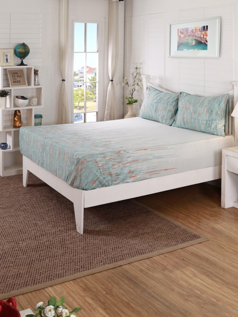 

MASPAR White & Sea Green Abstract Flat 210 TC Cotton 1 Queen Bedsheet with 2 Pillow Covers