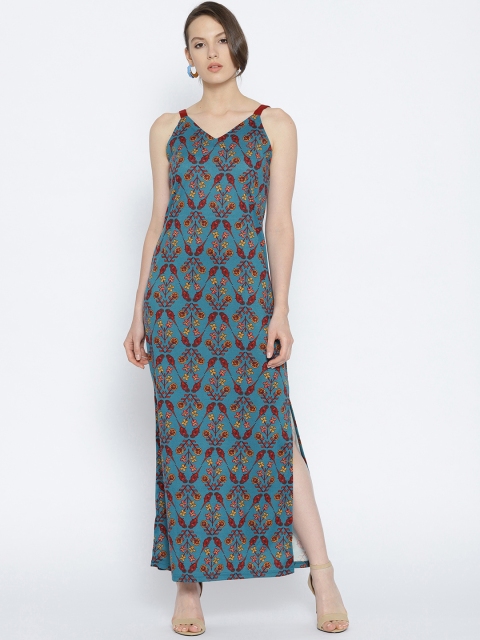 

Global Desi Women Teal Blue Printed Maxi Dress