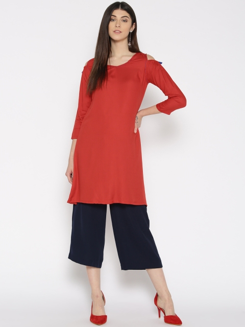 

Global Desi Red Solid Cold Shoulder Tunic