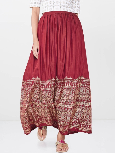 

Global Desi Maroon Printed Gathered A-line Skirt