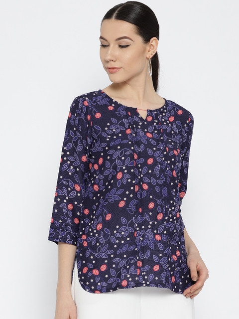 

Global Desi Women Navy Blue Printed Top