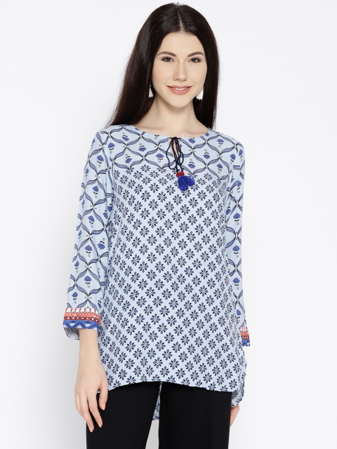 

Global Desi Women Blue & Black Printed High-Low Top