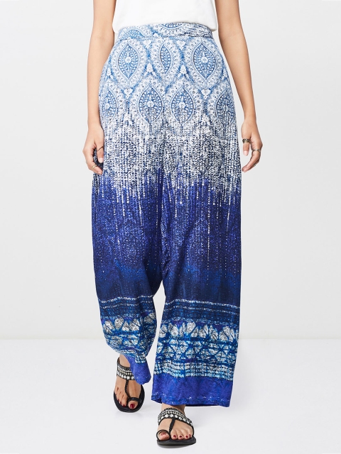 

Global Desi Women Blue & White Printed Dyed Wide Leg Palazzos
