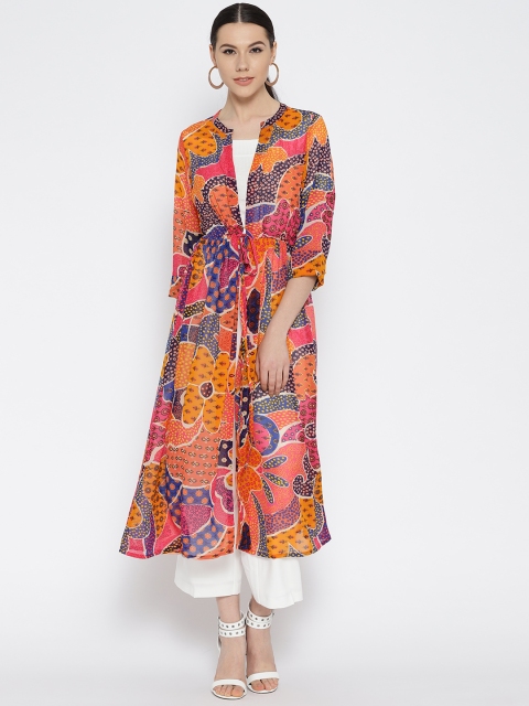 

Global Desi Orange & Pink Printed Longline Tie-Up Shrug