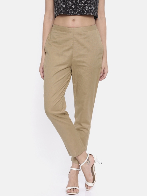 

Global Desi Women Khaki Regular Fit Solid Cigarette Trousers