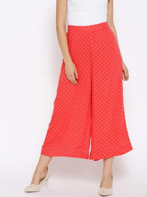 Global Desi Women Coral Pink Wide Leg Printed Cropped Palazzos