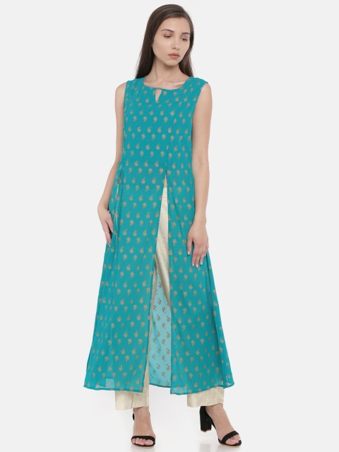 

Global Desi Women Teal Blue Printed A-Line Kurta