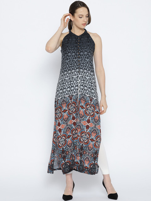 

Global Desi Women Navy Blue & Black Printed A-Line Kurta