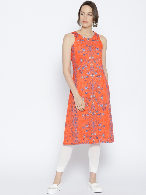 

Global Desi Women Orange & Blue Printed Straight Kurta