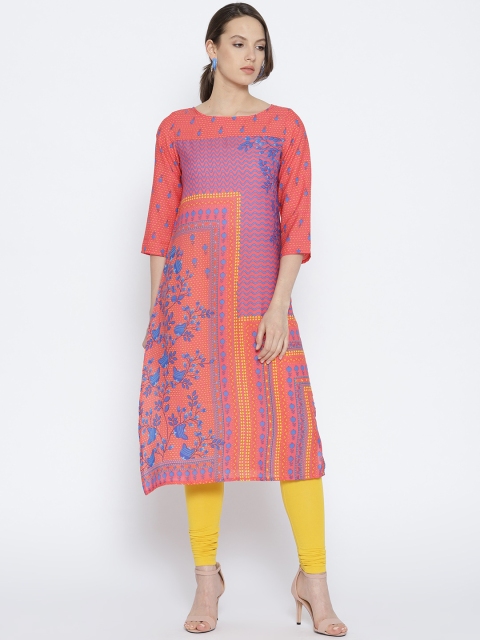 

Global Desi Women Coral Orange & Blue Printed Straight Kurta