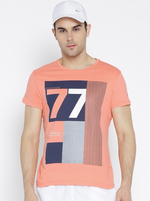 Solly Sport Men Coral Orange Printed Round Neck Tennis T-shirt