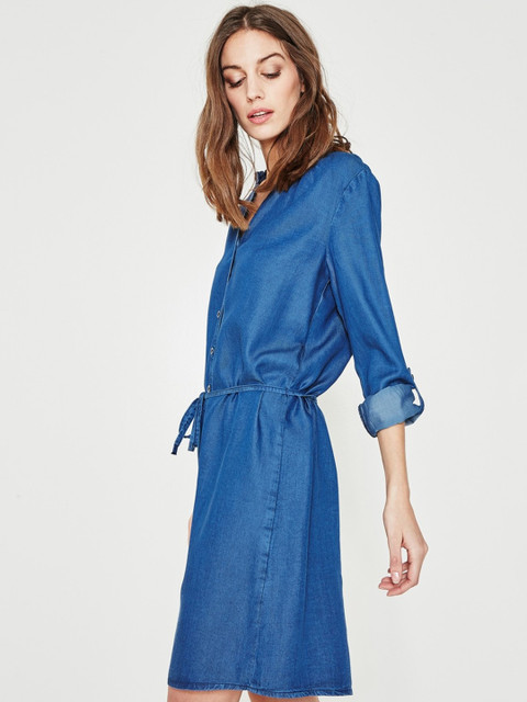 

promod Women Blue Solid Chambray Shirt Dress