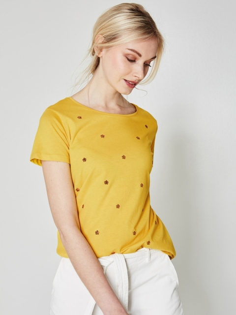

promod Women Mustard Yellow Sequinned Round Neck T-shirt
