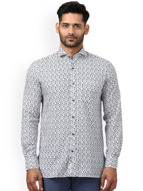 

Raymond Men White & Blue Khadi Cotton Regular Fit Printed Semiformal Shirt