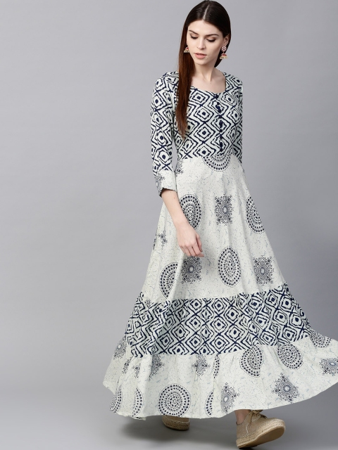 

GERUA Women White & Navy Blue Printed Anarkali Kurta