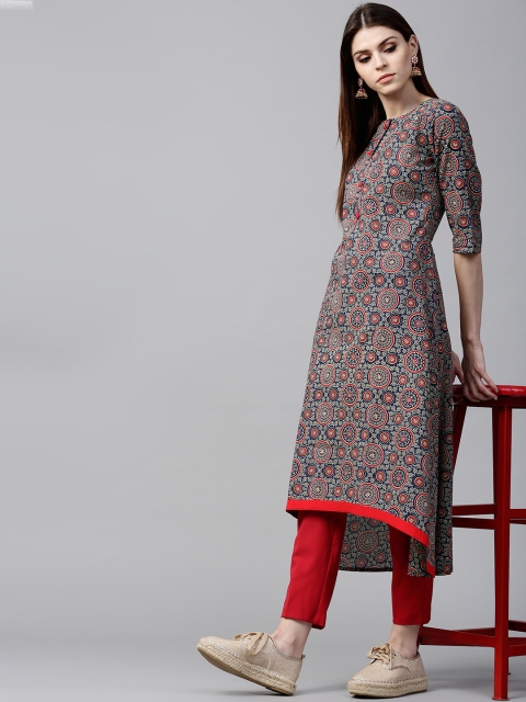 

GERUA Women Navy & Beige Printed A-Line Kurta, Navy blue