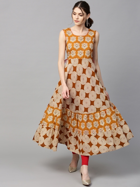 

GERUA Women Mustard Yellow & Beige Printed Tiered Anarkali Kurta